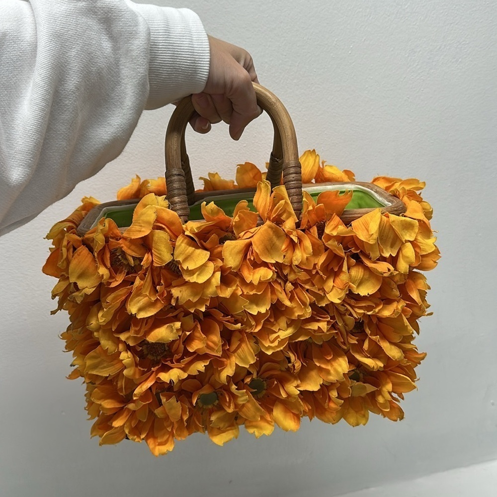 Gretchen Scott Floral Wicker Basket Bag Wooden Top Handles Purse Marigold Orange - Picture 9 of 9